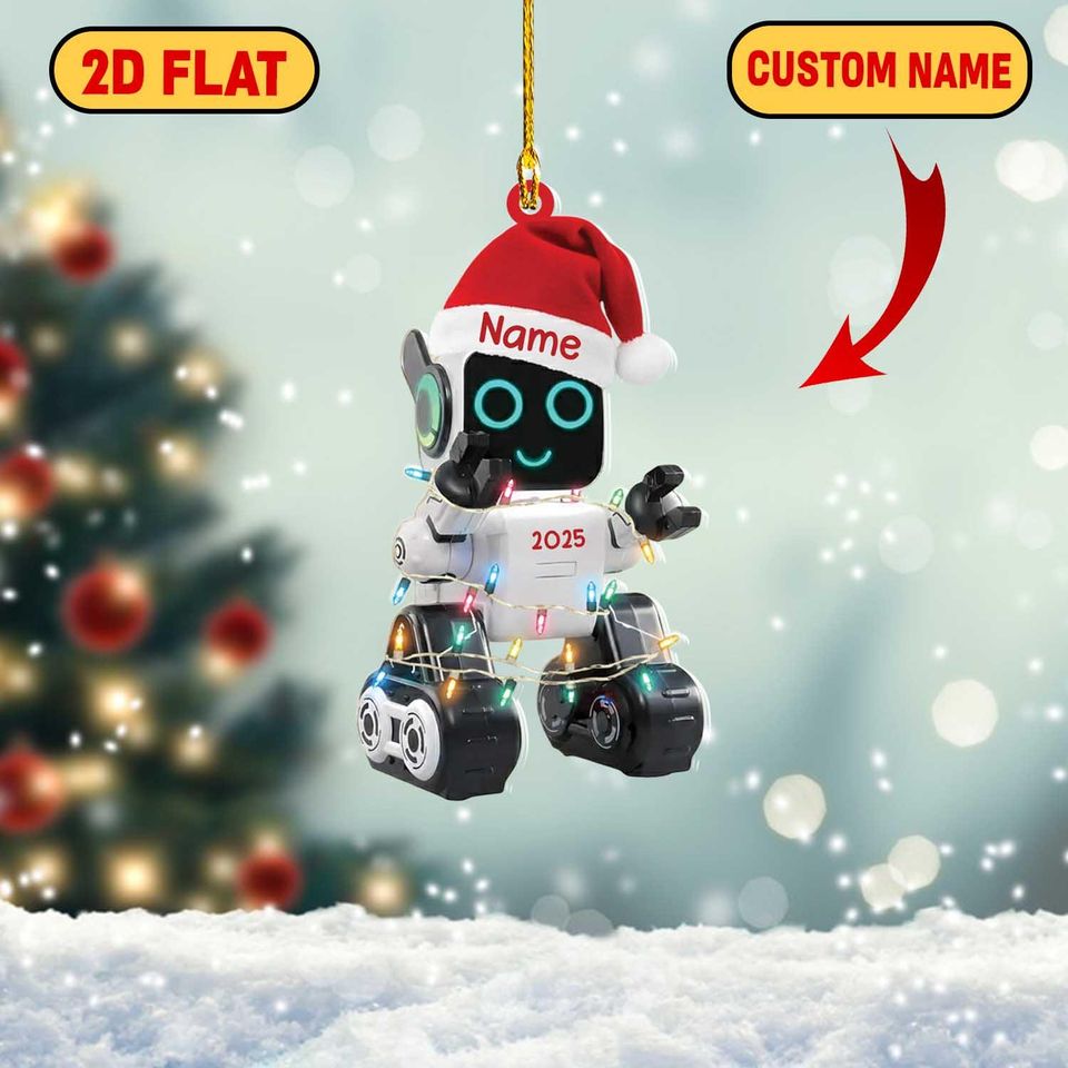 Personalized Robot 2D Flat Acrylic Ornament for Kids and Engineers, Custom Name Christmas Decor