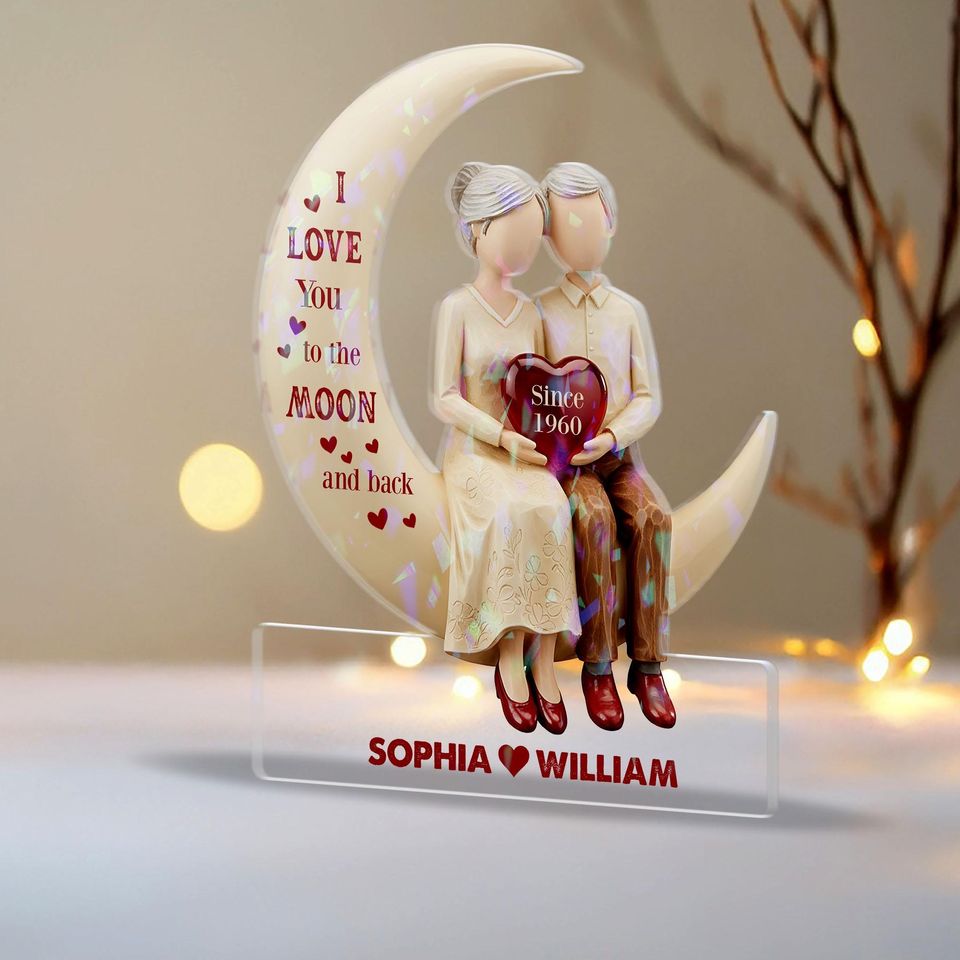 Personalized Couple Moon Hologram Acrylic Block, Custom Names & Anniversary Gift Plaque, Romantic I Love You to the Moon and Back Decor