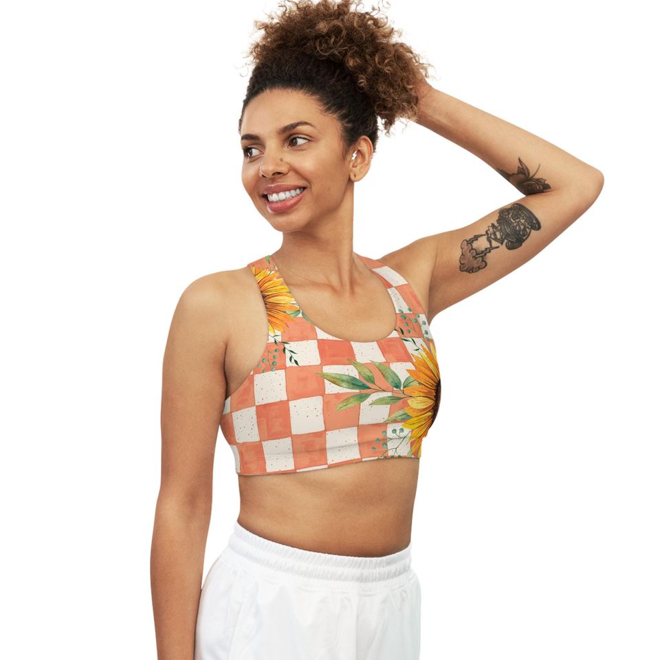 Sunflower Checkered Sports Bra: Women's Medium Support Workout Top