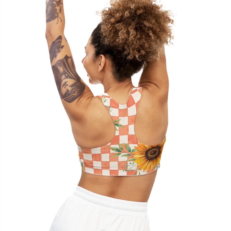 Sunflower Checkered Sports Bra: Women's Medium Support Workout Top