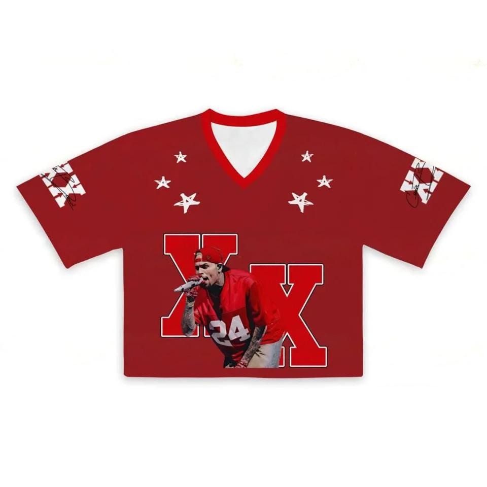 Chris Brown Red Crop Top Jersey Breezy Bowl Stadium World Tour Mesh Shirt, Womens Concert Outfit, Rave Festival Top