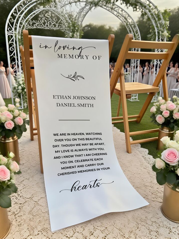 Loving Memory Chair Banner, Silk or Cotton Fabric Wedding Sign, Remembrance Ceremony Decor