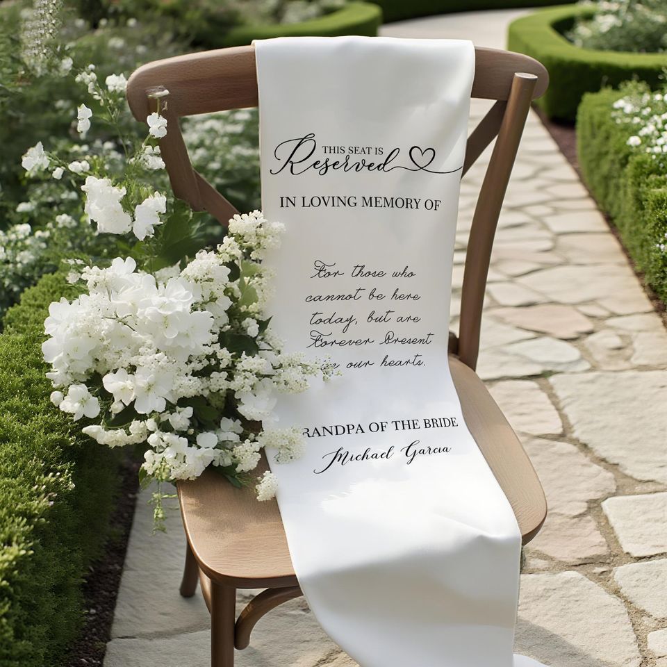 Loving Memory Chair Banner, Silk or Cotton Fabric Wedding Sign, Remembrance Ceremony Decor