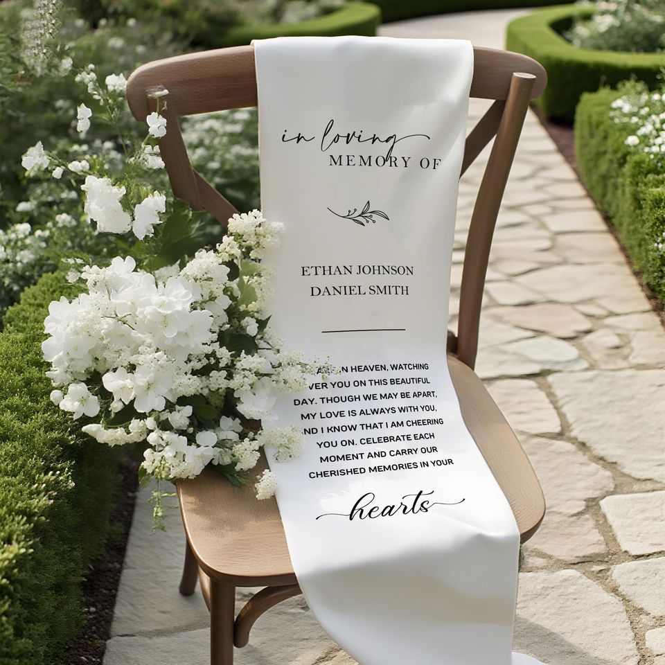 Loving Memory Chair Banner, Silk or Cotton Fabric Wedding Sign, Remembrance Ceremony Decor