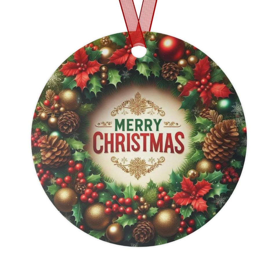 Merry Christmas Wreath Metal Ornament, Holiday Tree Decoration