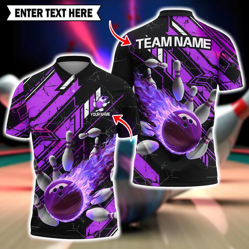 Personalized Bowling Team Polo, Flaming Fireball Strike Design