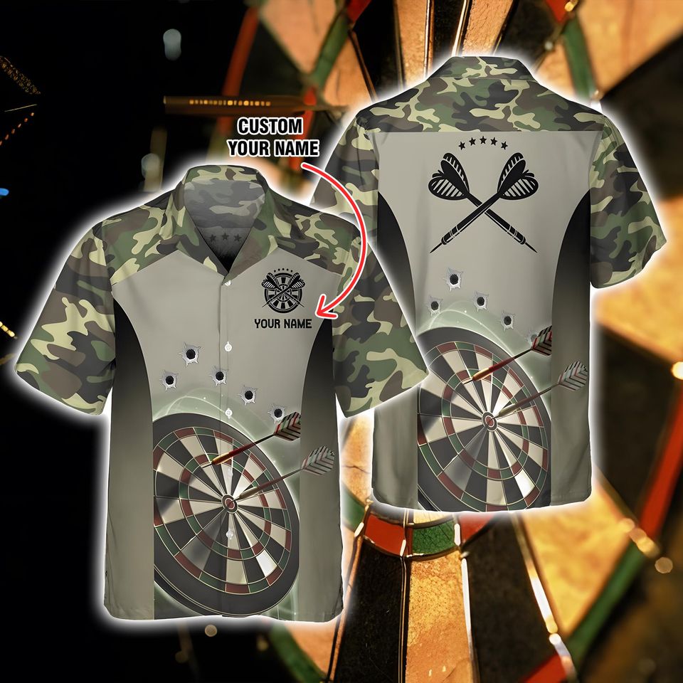 Custom Camo Darts Hawaiian Shirt, Custom Name Dartboard Shirt for Dart Players