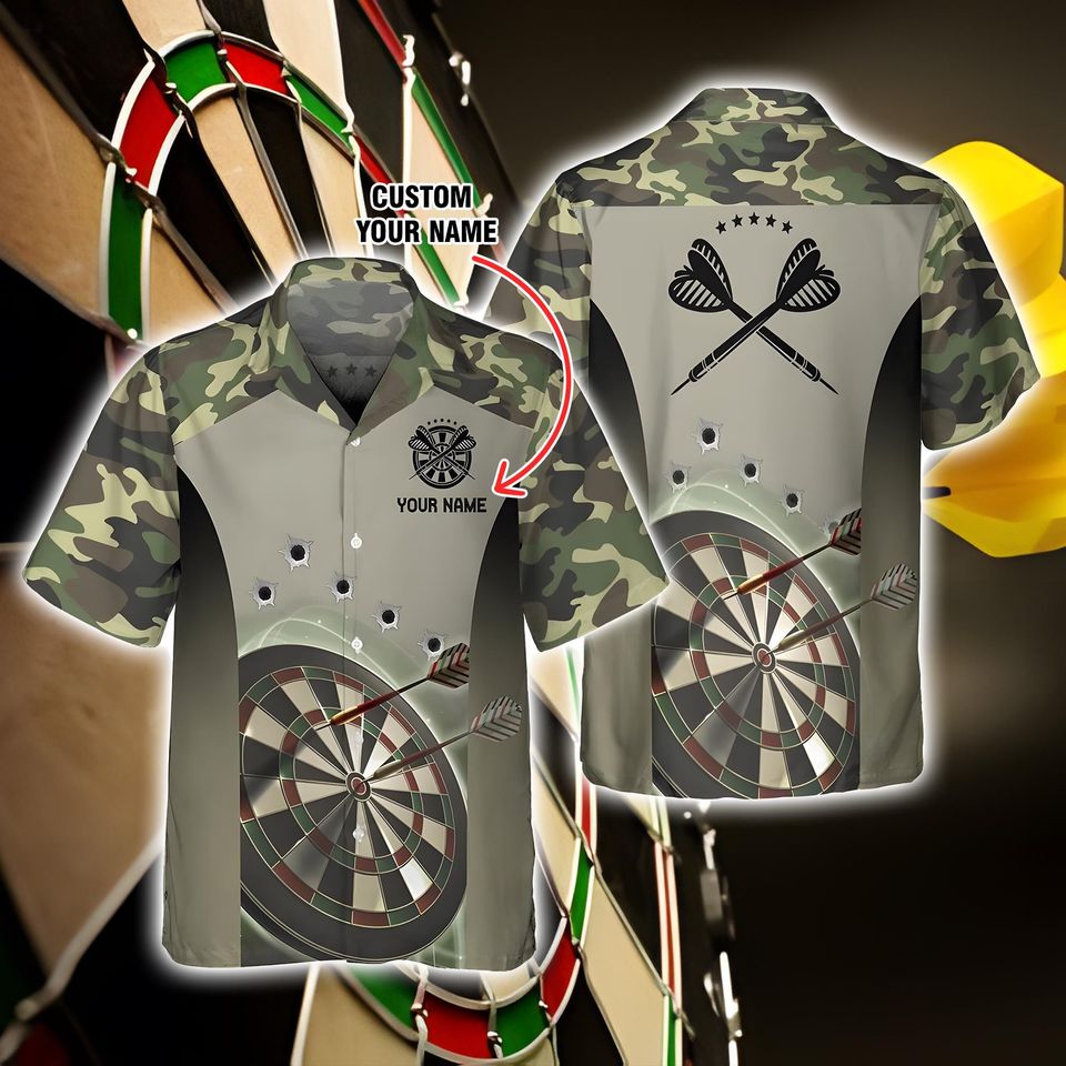 Custom Camo Darts Hawaiian Shirt, Custom Name Dartboard Shirt for Dart Players
