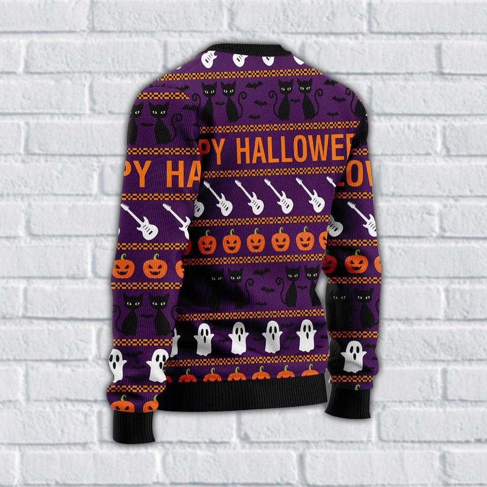 Happy Halloween Guitar Ugly Sweater, Fun Spooky Cats, Pumpkins And Ghosts Knit, Fun, Festive & Perfect for Halloween Cheer.