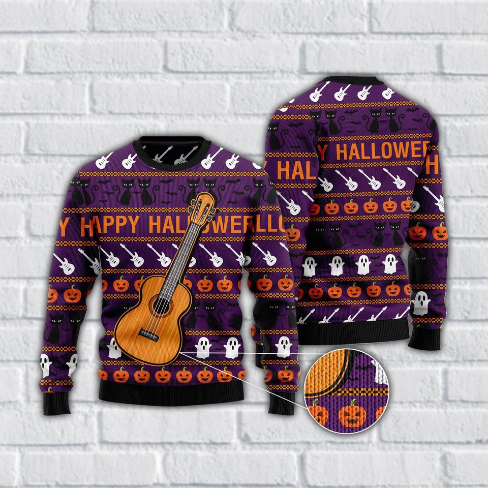 Happy Halloween Guitar Ugly Sweater, Fun Spooky Cats, Pumpkins And Ghosts Knit, Fun, Festive & Perfect for Halloween Cheer.