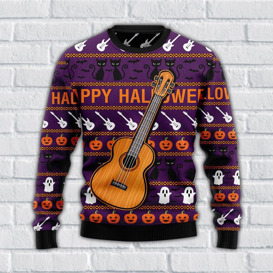 Happy Halloween Guitar Ugly Sweater, Fun Spooky Cats, Pumpkins And Ghosts Knit, Fun, Festive & Perfect for Halloween Cheer.