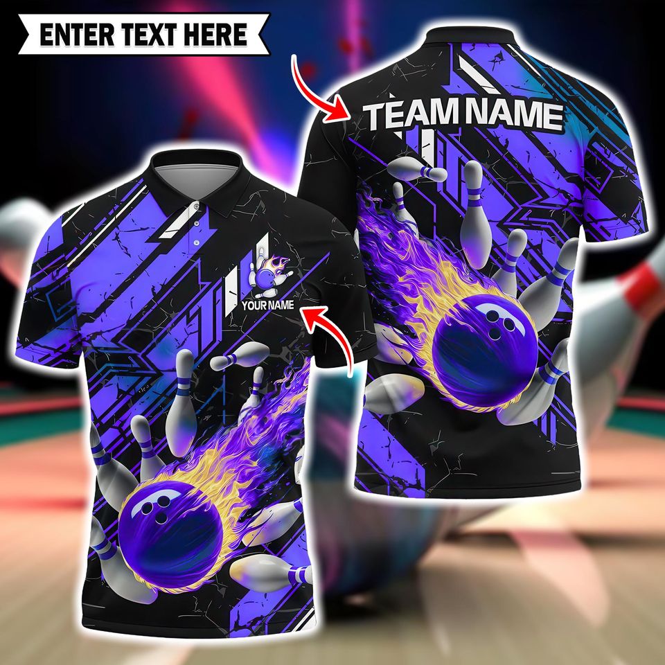 Personalized Bowling Team Polo, Flaming Fireball Strike Design