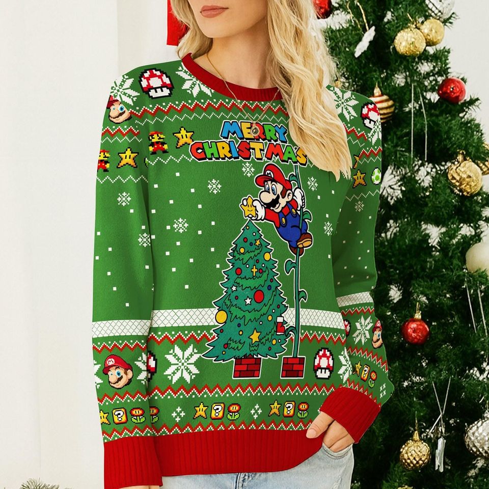 Super Mario Merry Christmas Sweatshirt, Mario Christmas Tree Ugly Sweater