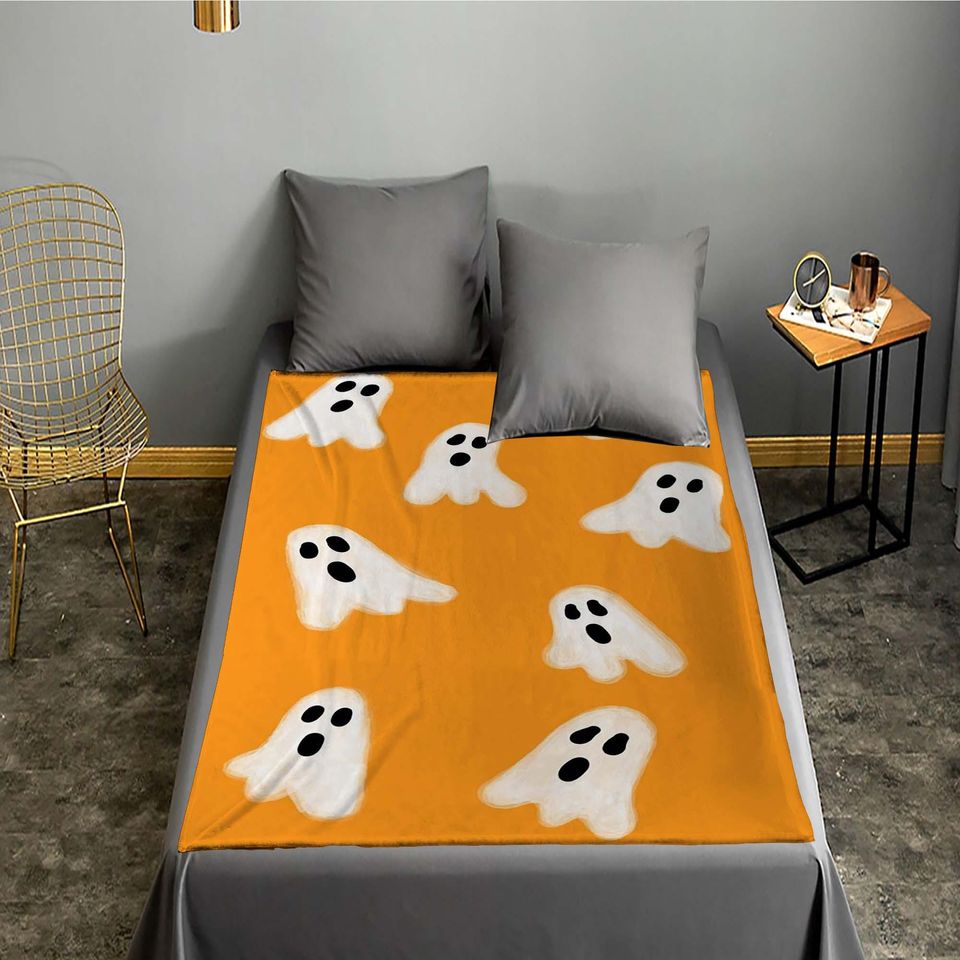 Custom Name Ghost Blanket, Retro Halloween Throw Blanket, Personalized Orange Blanket, Vintage Halloween Decor, Unique Gifts.