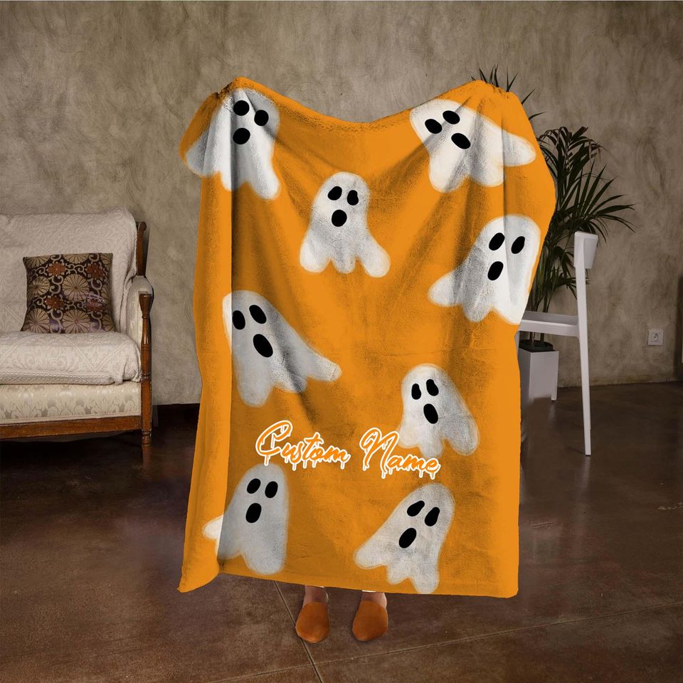 Custom Name Ghost Blanket, Retro Halloween Throw Blanket, Personalized Orange Blanket, Vintage Halloween Decor, Unique Gifts.