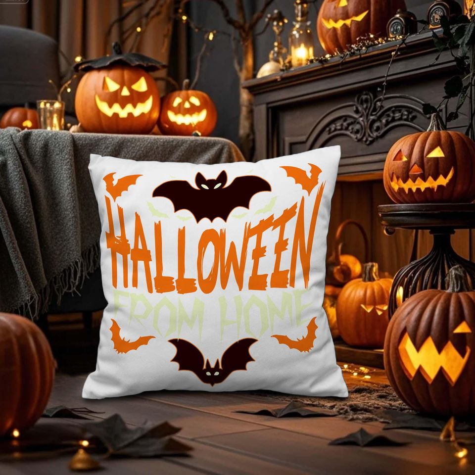 Personalized Halloween Throw Pillow Cover, Halloween From Home Spooky Night Bat, Custom Pillowcases for Sofa Bedroom, Halloween Pillow Gift.