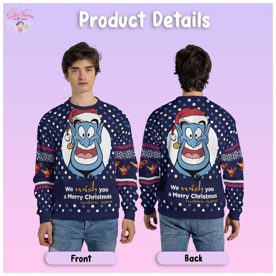 Personalized Disney The Genie Ugly Christmas Sweater, Custom Name Disney Aladdin Family Xmas Sweatshirt 2025, Disney Christmas Gift For Kids