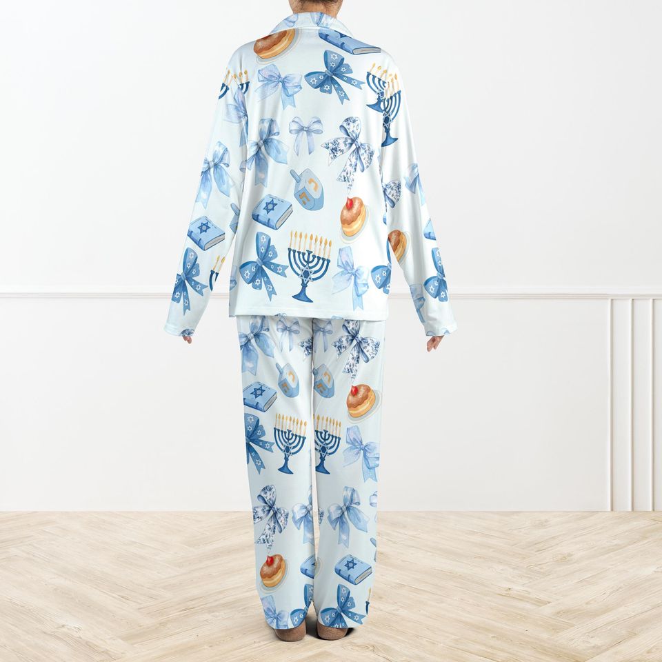 Coquette Hanukkah Silky Pajama Set For Family, Blue Menorah PJs, Jewish Holiday Sleepwear, Dreidel Christmas PJs, Cozy Hanukkah Gift