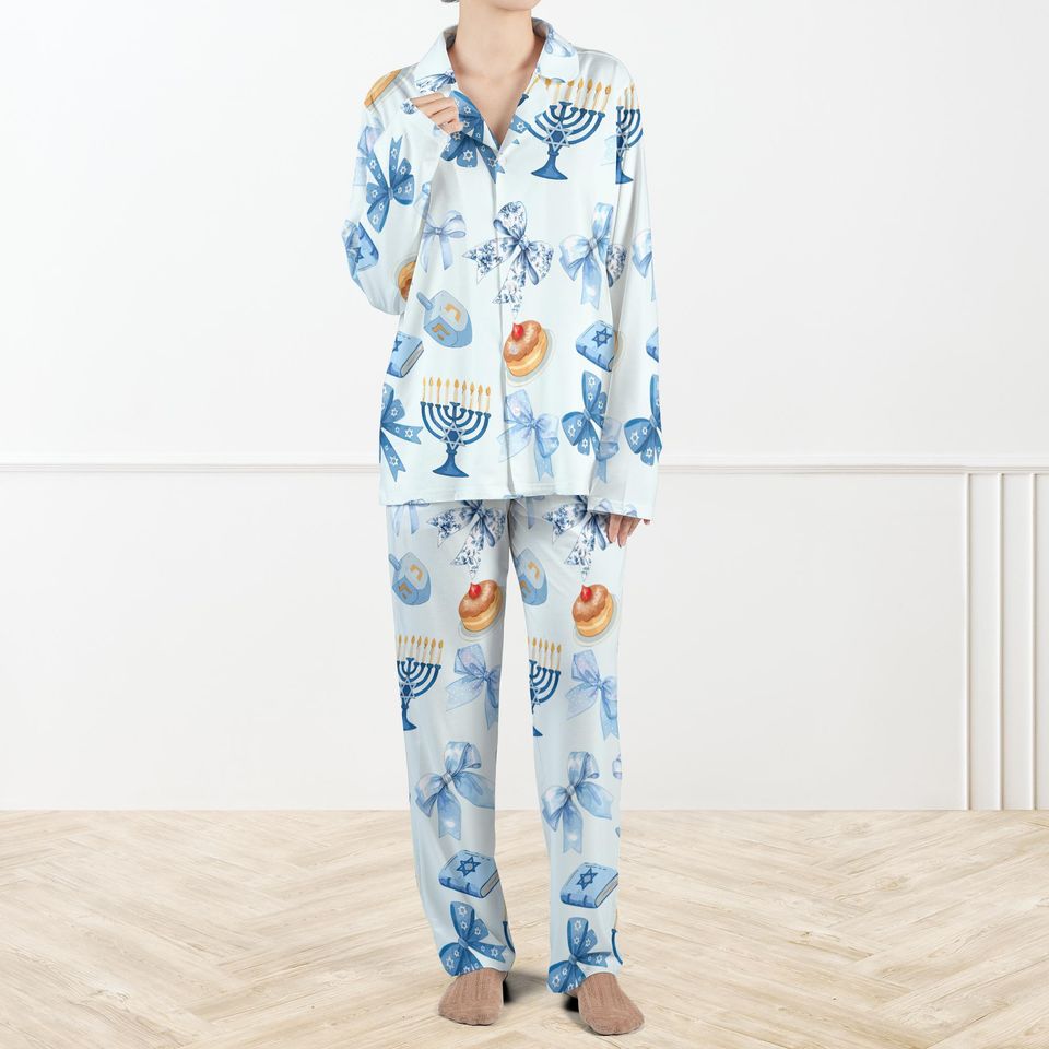 Coquette Hanukkah Silky Pajama Set For Family, Blue Menorah PJs, Jewish Holiday Sleepwear, Dreidel Christmas PJs, Cozy Hanukkah Gift