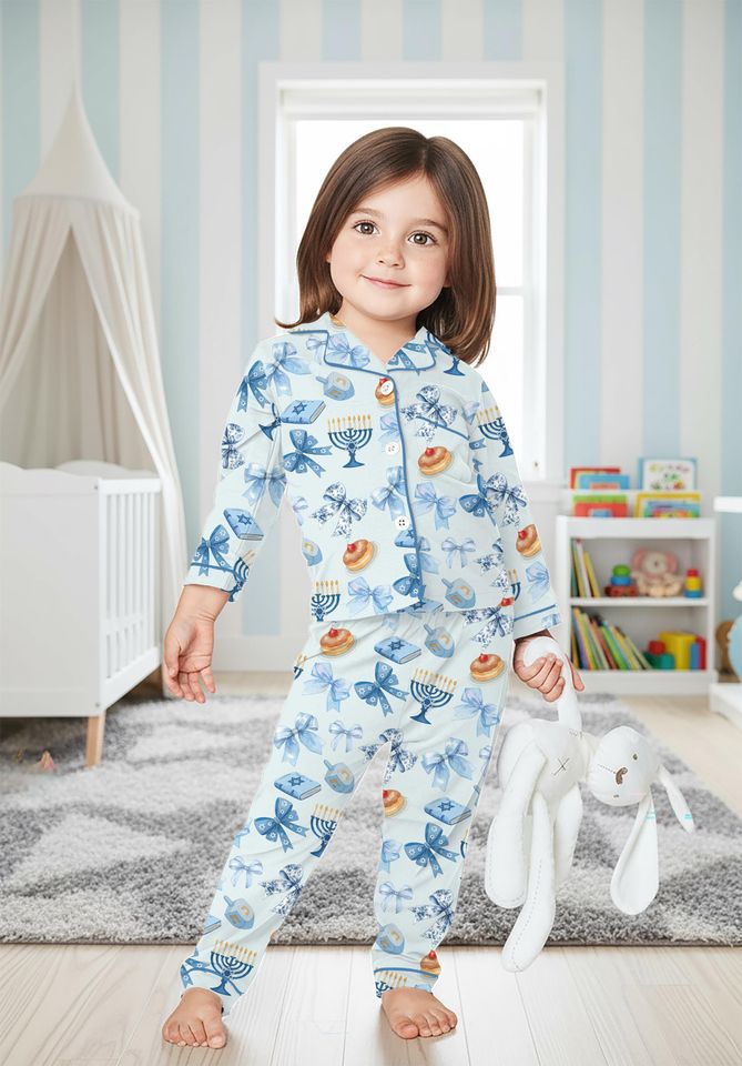 Coquette Hanukkah Silky Pajama Set For Family, Blue Menorah PJs, Jewish Holiday Sleepwear, Dreidel Christmas PJs, Cozy Hanukkah Gift