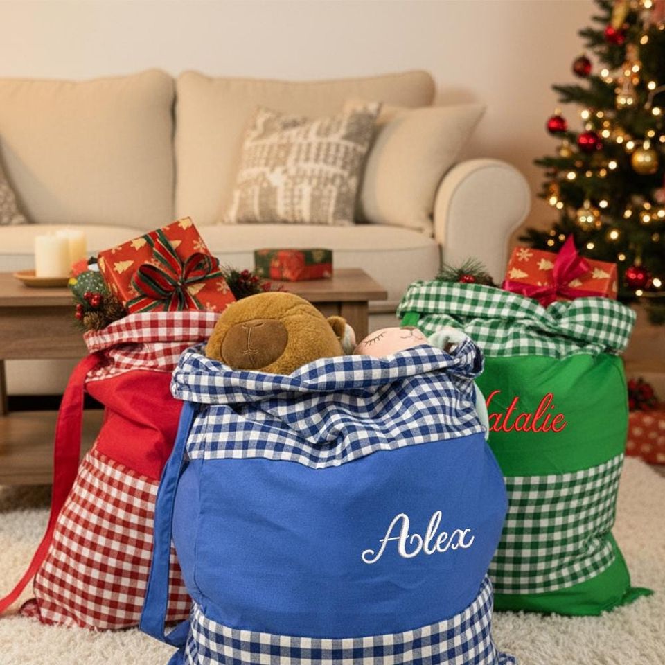 Personalized Plaid Santa Sack | Embroidered Cotton Christmas Gift Bag