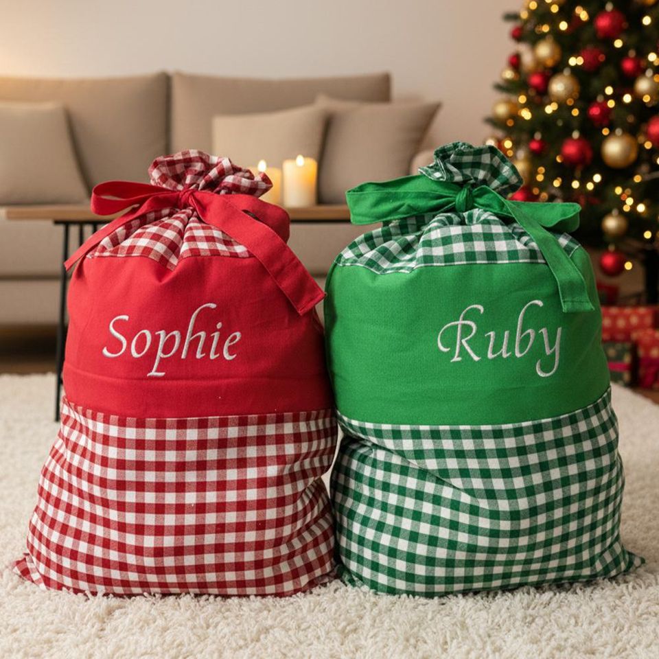 Personalized Plaid Santa Sack | Embroidered Cotton Christmas Gift Bag