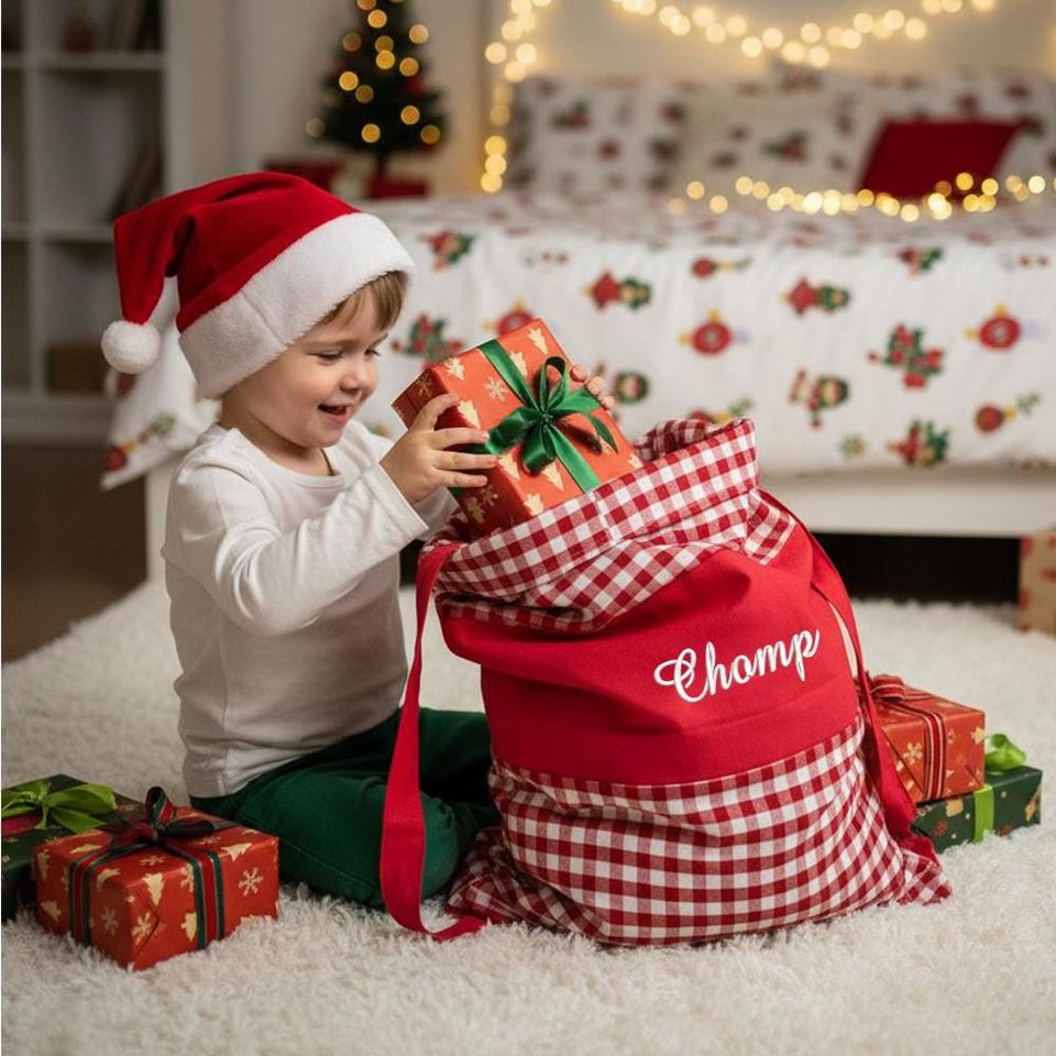 Personalized Plaid Santa Sack | Embroidered Cotton Christmas Gift Bag