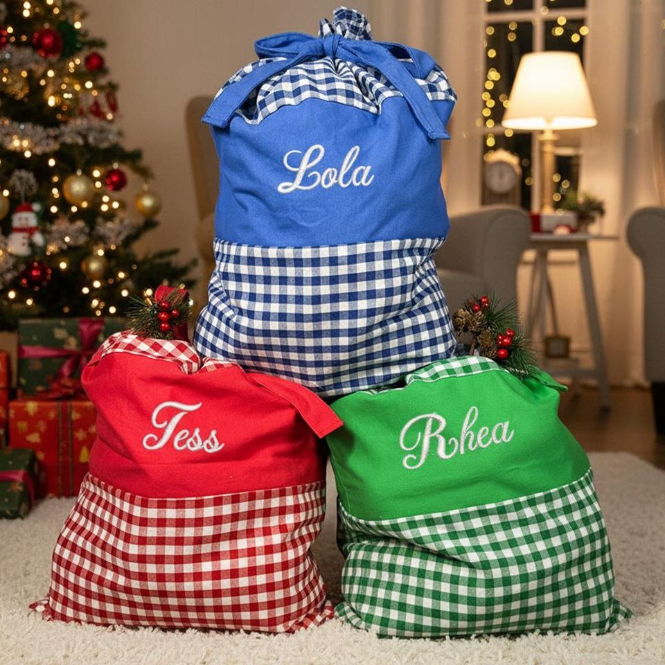 Personalized Plaid Santa Sack | Embroidered Cotton Christmas Gift Bag