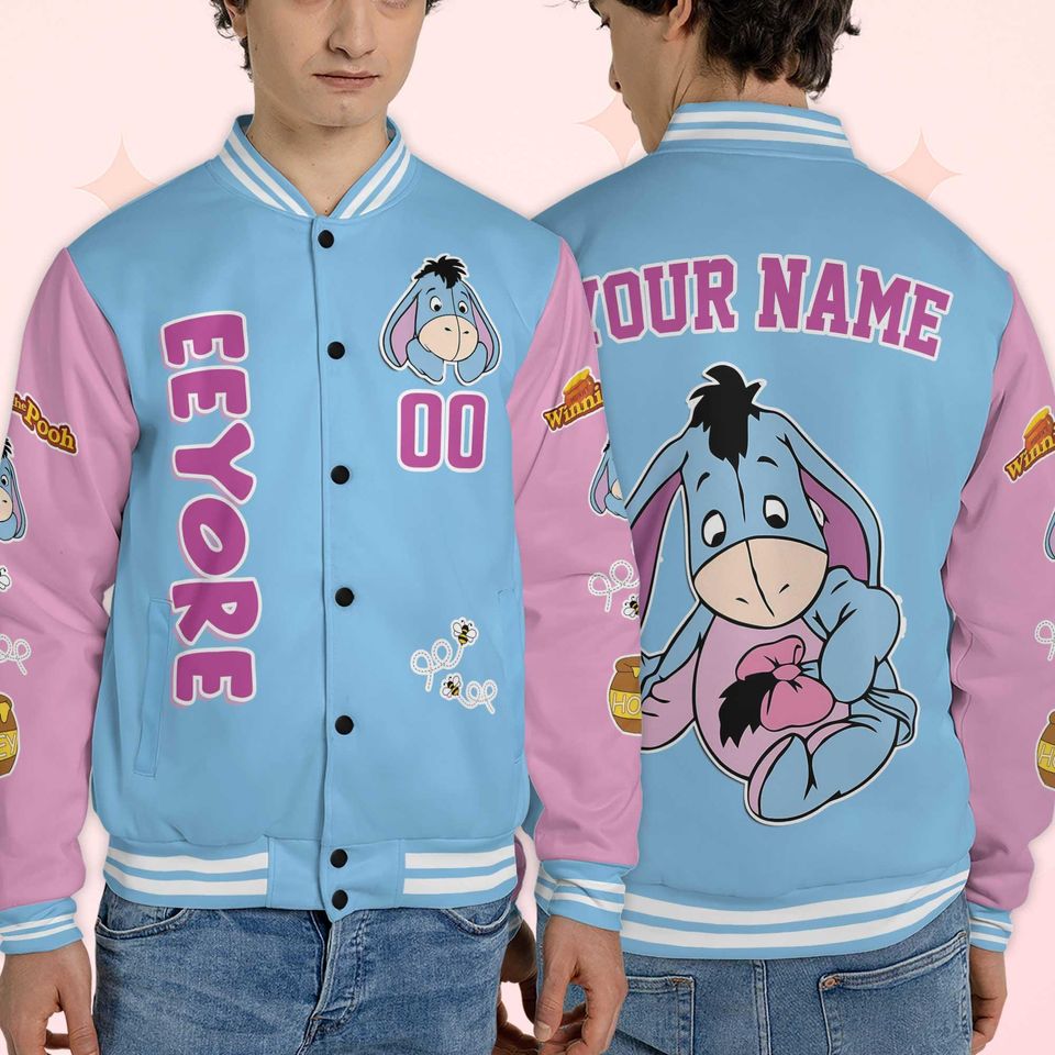 Personalized Eeyore Varsity Jacket, Custom Winnie the Pooh Baseball Jacket