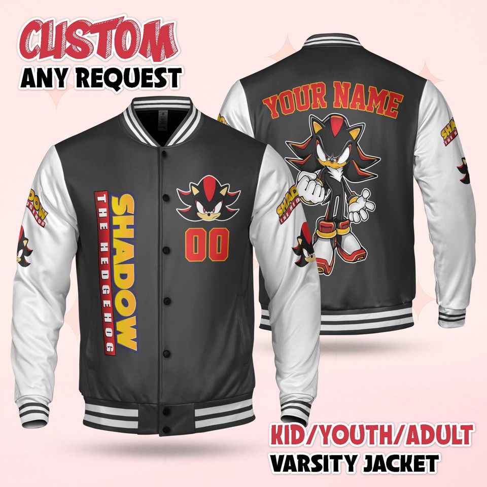 Custom Shadow Varsity Jacket, Personalized Sonic the Hedgehog Baseball Jacket