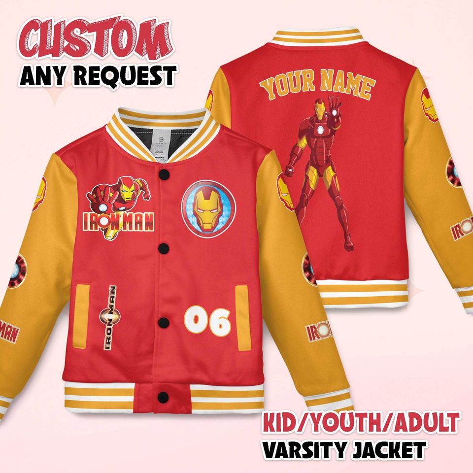 Personalized Iron Man Varsity Jacket, Custom Superhero Baseball Jacket