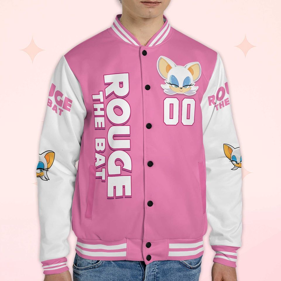 Custom Rouge the Bat Varsity Jacket, Personalized Sonic the Hedgehog Baseball Jacket