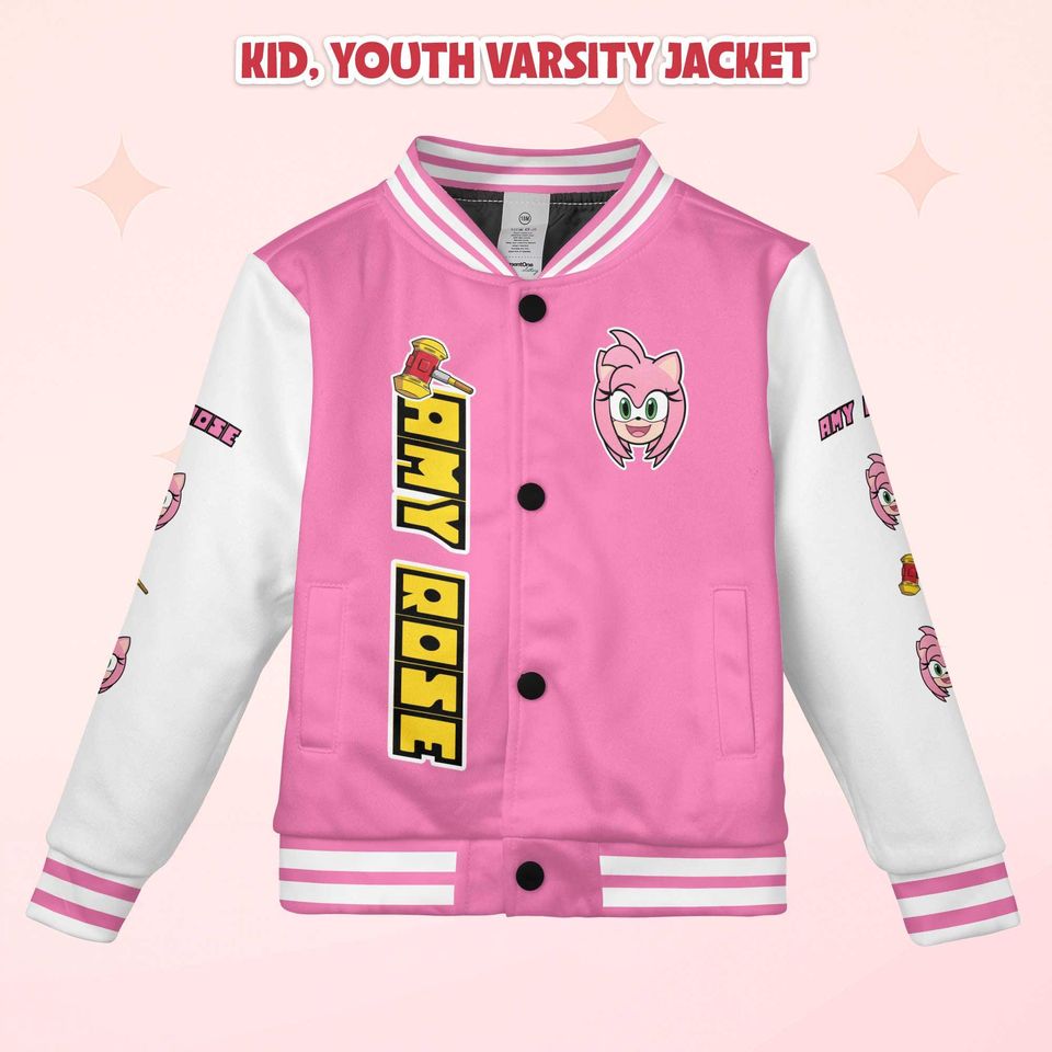 Custom Amy Rose Varsity Jacket, Personalized Sonic the Hedgehog Baseball Jacket