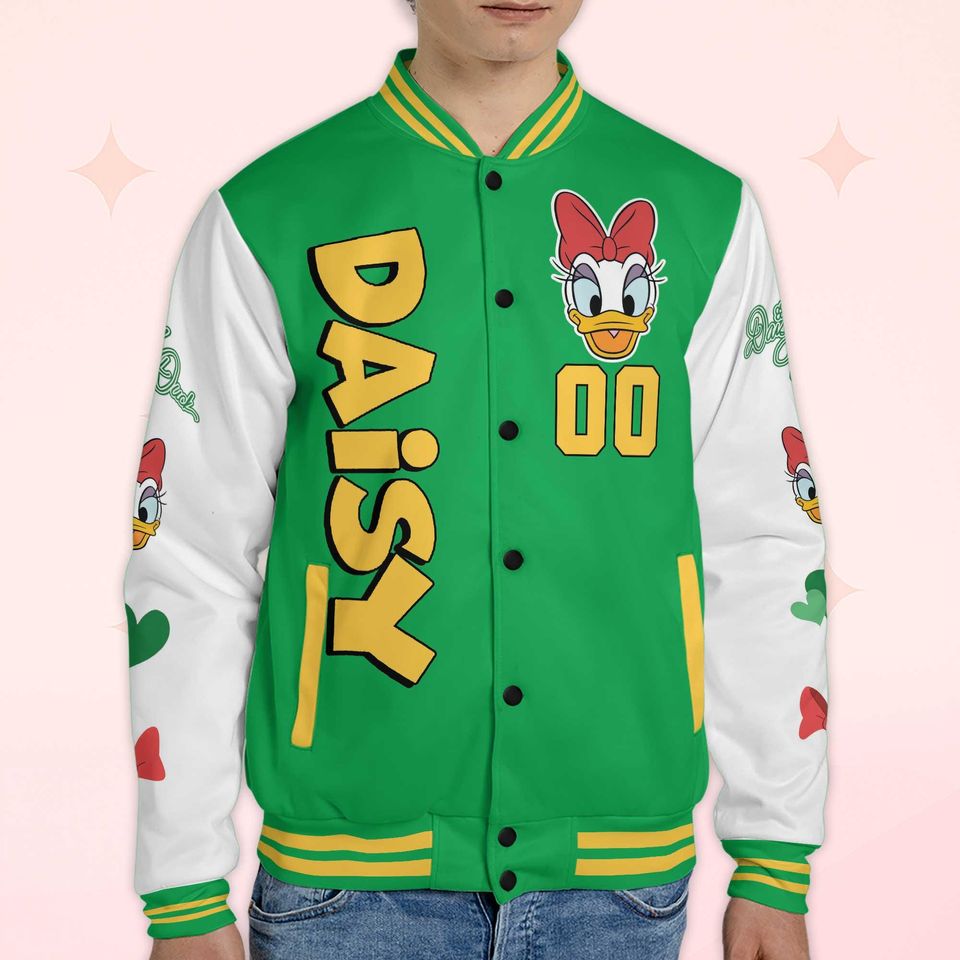 Personalize Daisy Duck St Patricks Day Varsity Jacket, Custom Mickey and Friends Baseball Jacket, Lucky Gift