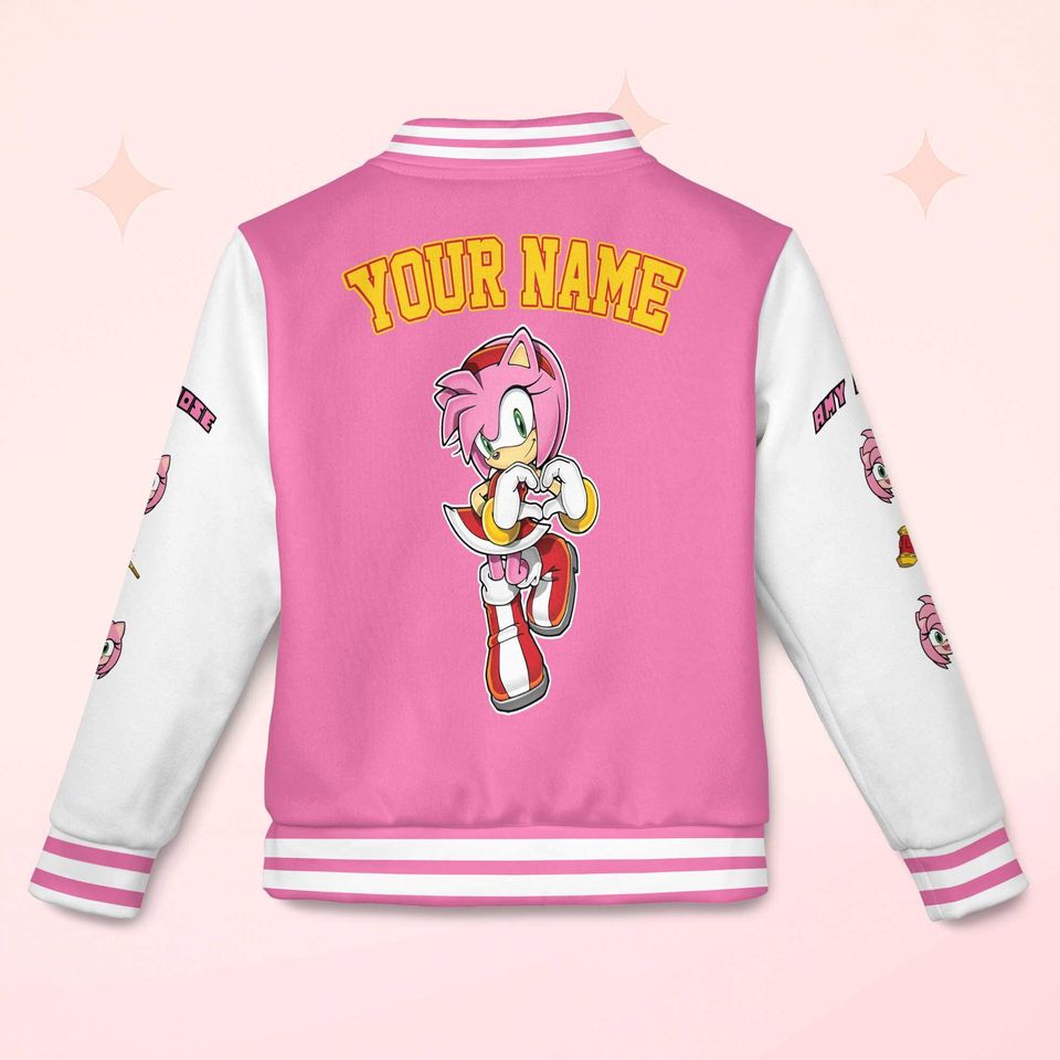 Custom Amy Rose Varsity Jacket, Personalized Sonic the Hedgehog Baseball Jacket