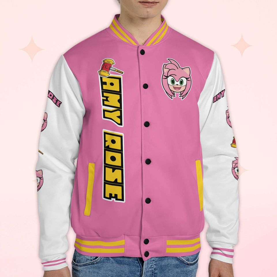 Custom Amy Rose Varsity Jacket, Personalized Sonic the Hedgehog Baseball Jacket