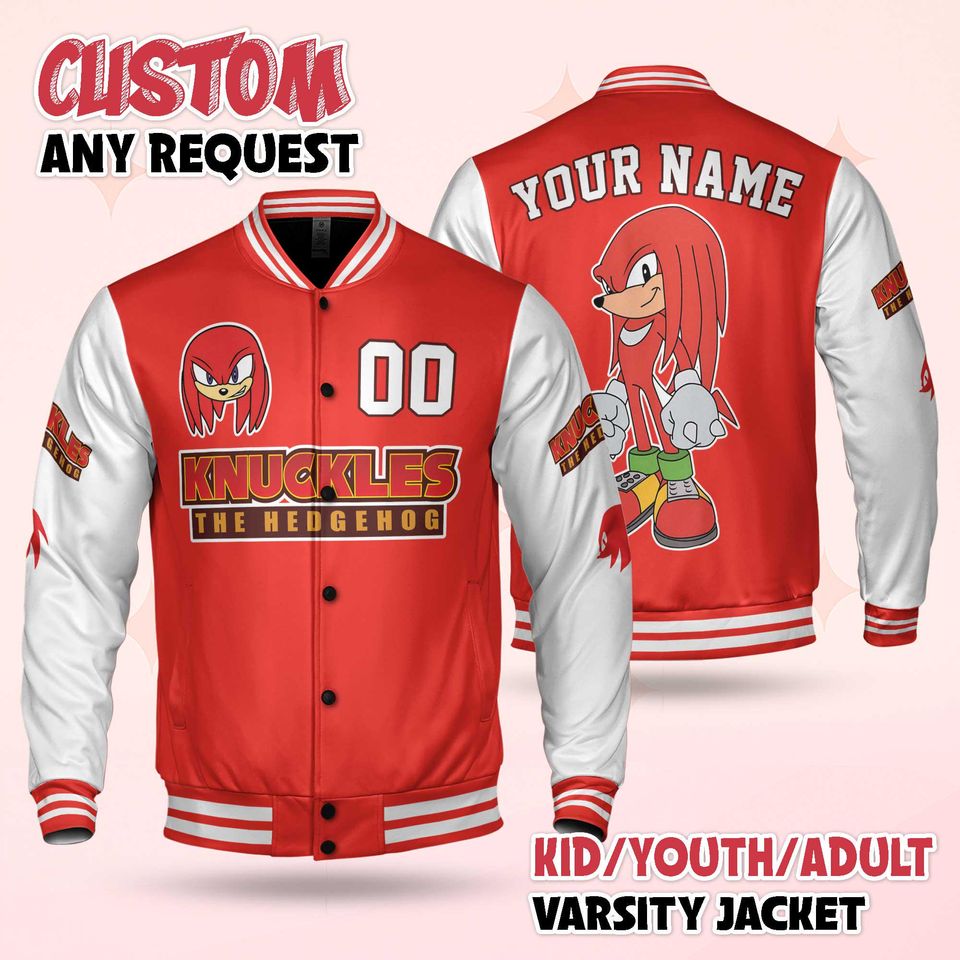 Custom Knuckles Varsity Jacket, Personalized Sonic the Hedgehog Baseball Jacket