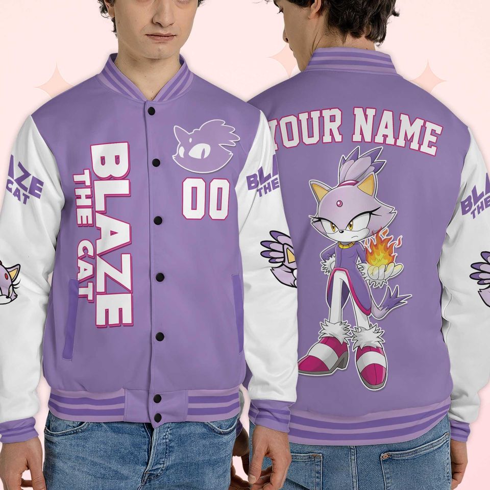 Custom Blaze the Cat Varsity Jacket, Personalized Sonic the Hedgehog Baseball Jacket