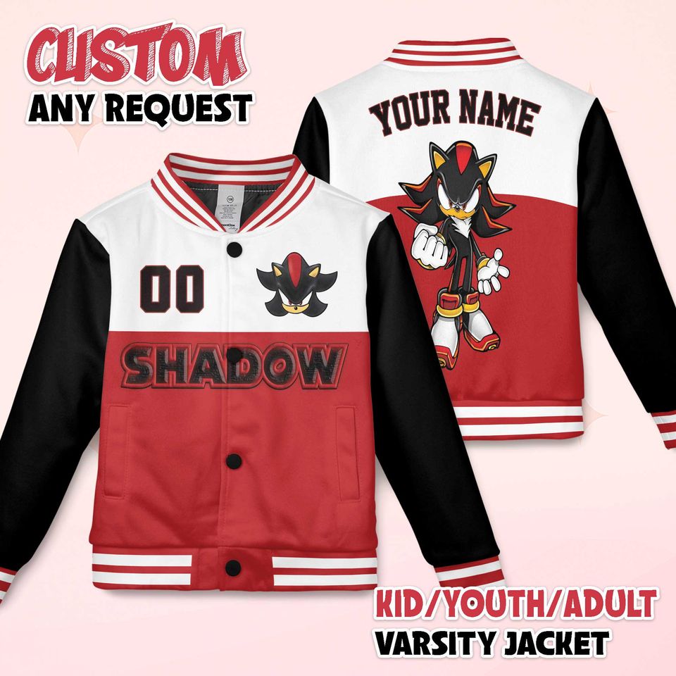 Custom Shadow Varsity Jacket, Personalized Sonic the Hedgehog Baseball Jacket