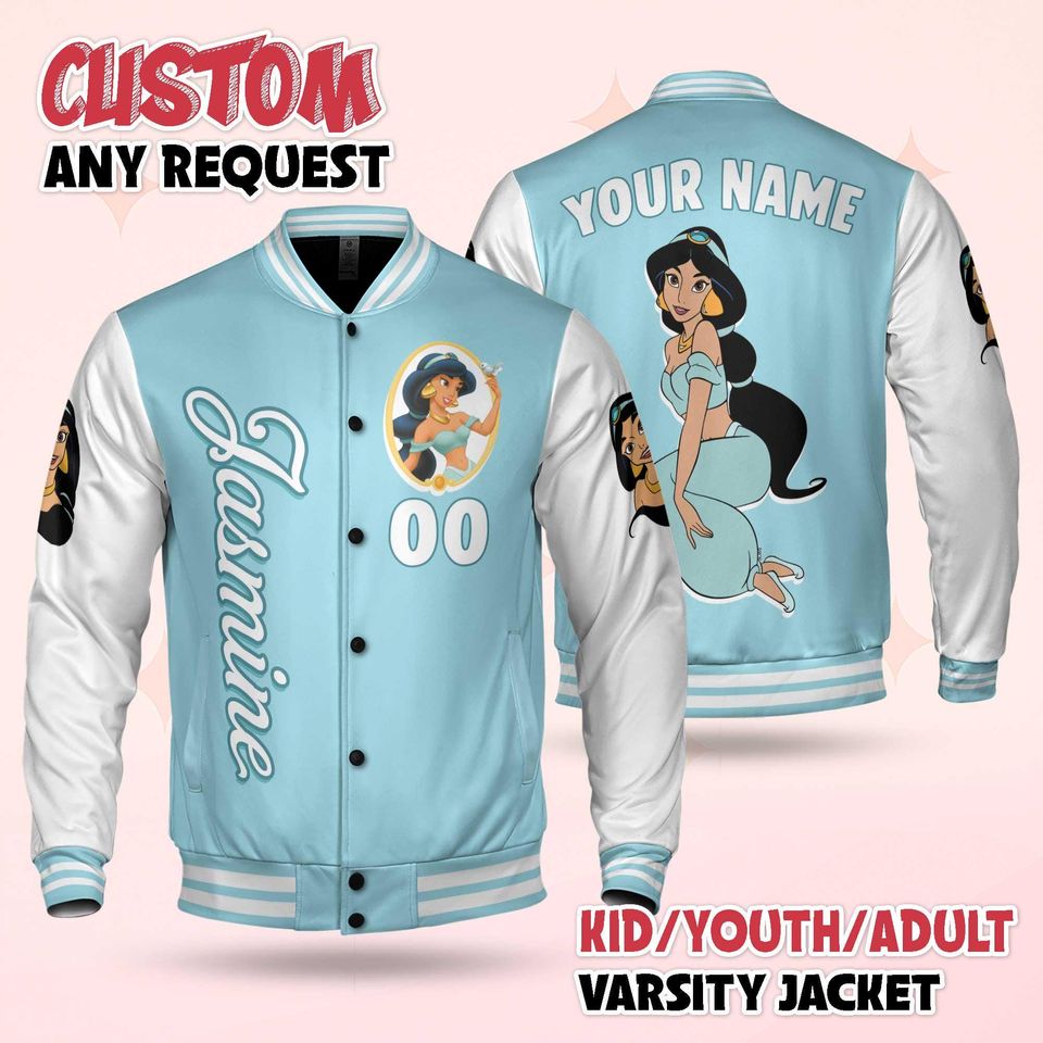 Personalized Jasmine Varsity Jacket, Custom Aladdin Baseball Jacket