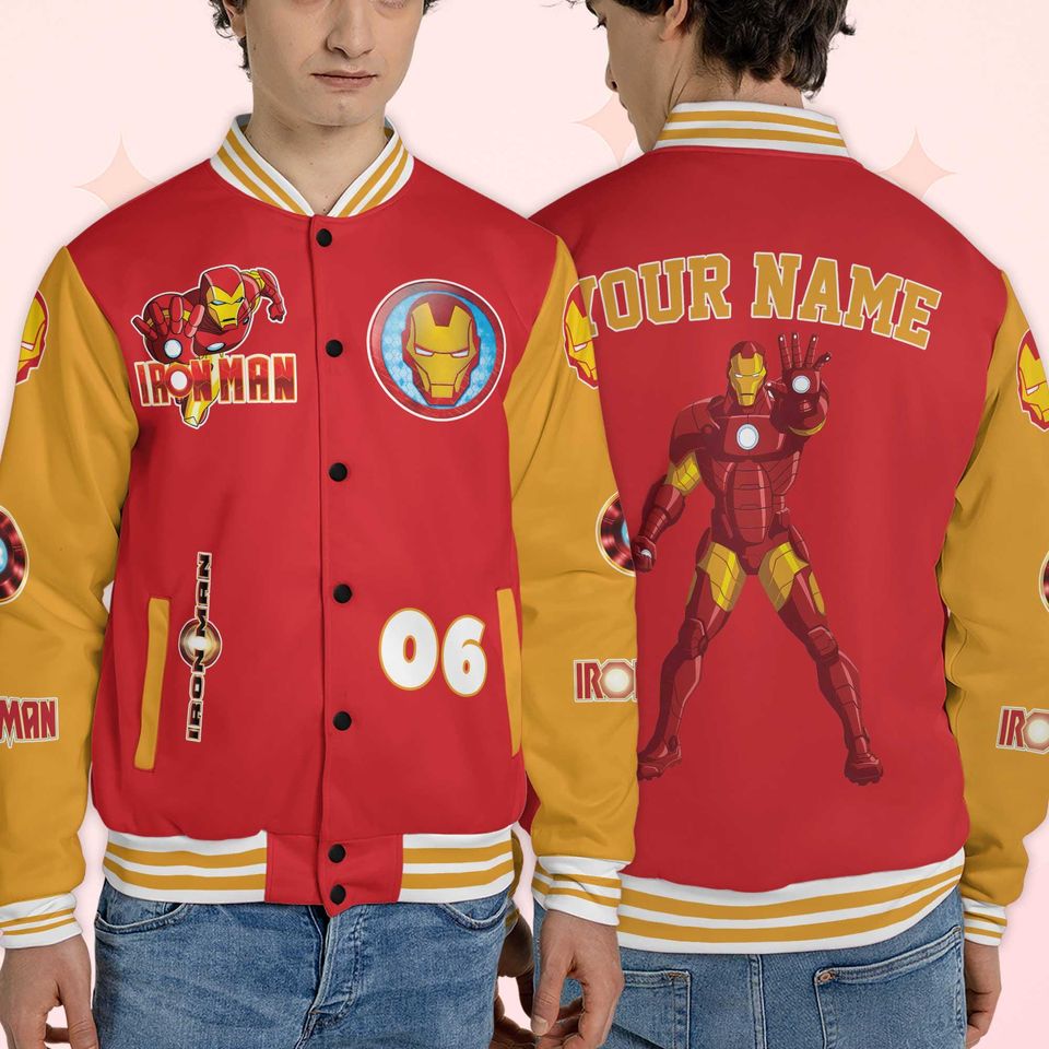 Personalized Iron Man Varsity Jacket, Custom Superhero Baseball Jacket