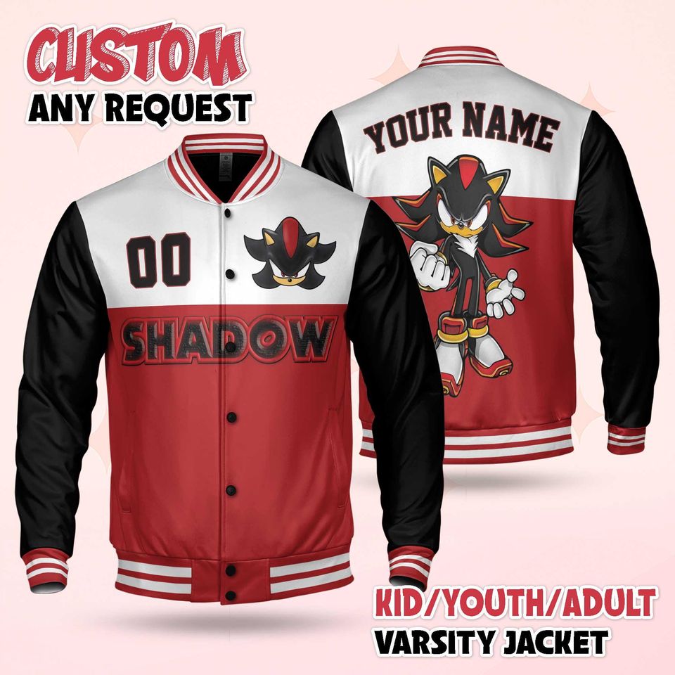 Custom Shadow Varsity Jacket, Personalized Sonic the Hedgehog Baseball Jacket