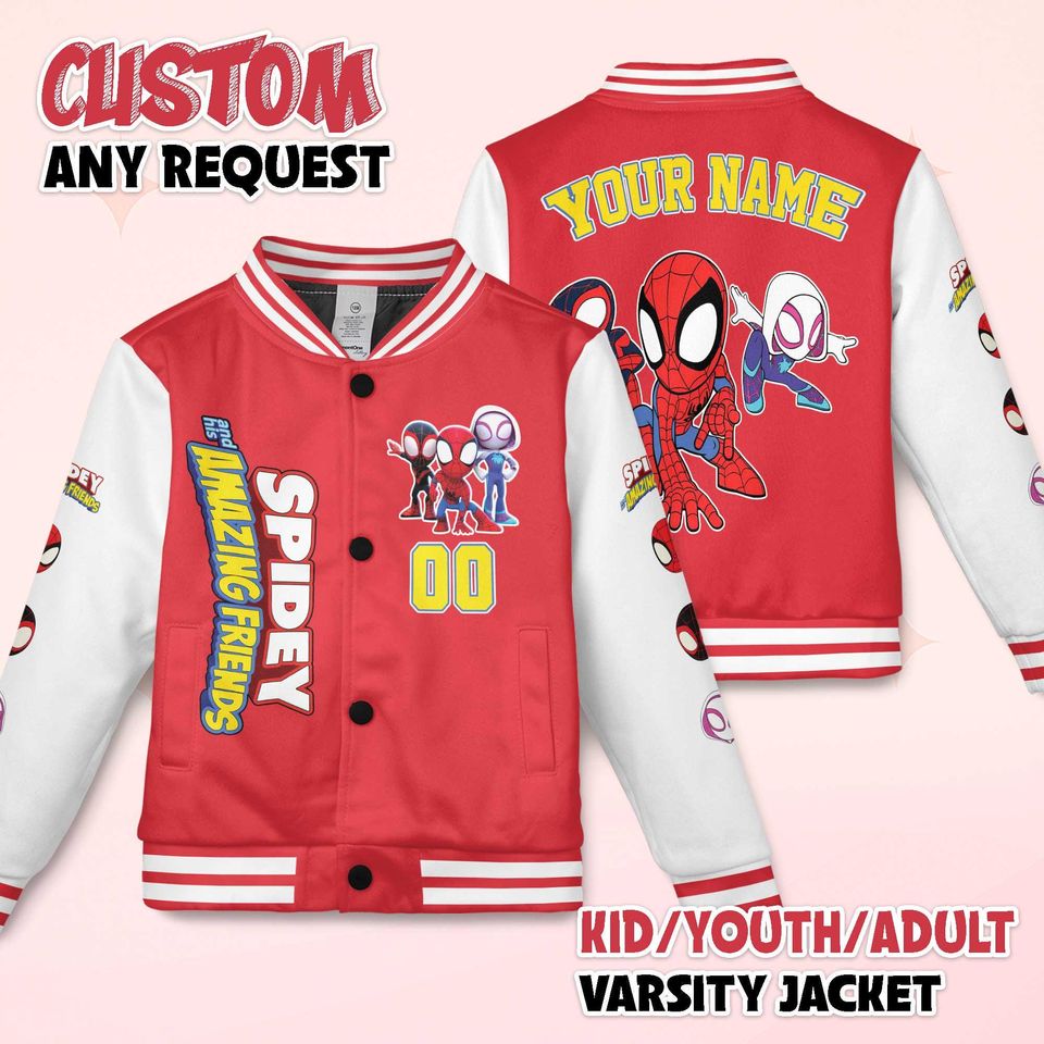 Custom Spidey And His Amazing Friends Varsity Jacket, Personalized Spidey Baseball Jacket