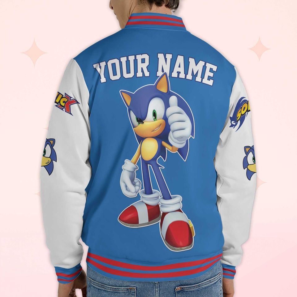 Custom Sonic Varsity Jacket, Personalized Sonic the Hedgehog Baseball Jacket