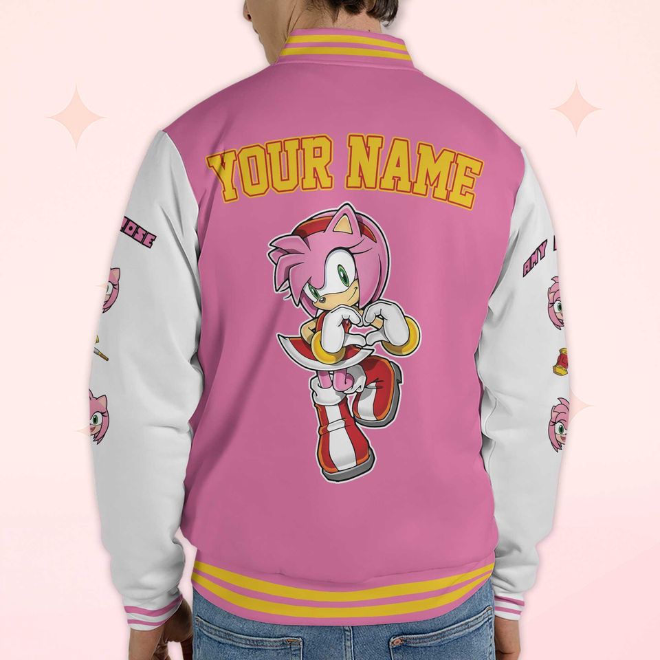 Custom Amy Rose Varsity Jacket, Personalized Sonic the Hedgehog Baseball Jacket