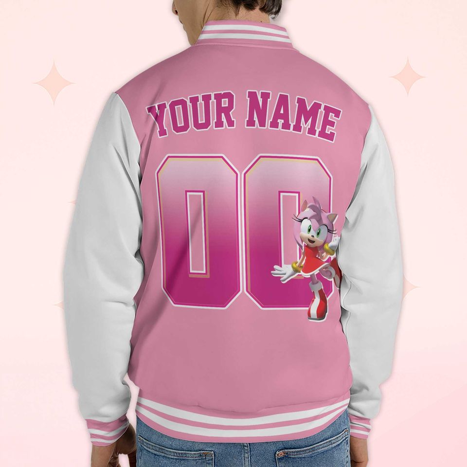 Custom Amy Rose Varsity Jacket, Personalized Sonic the Hedgehog Baseball Jacket