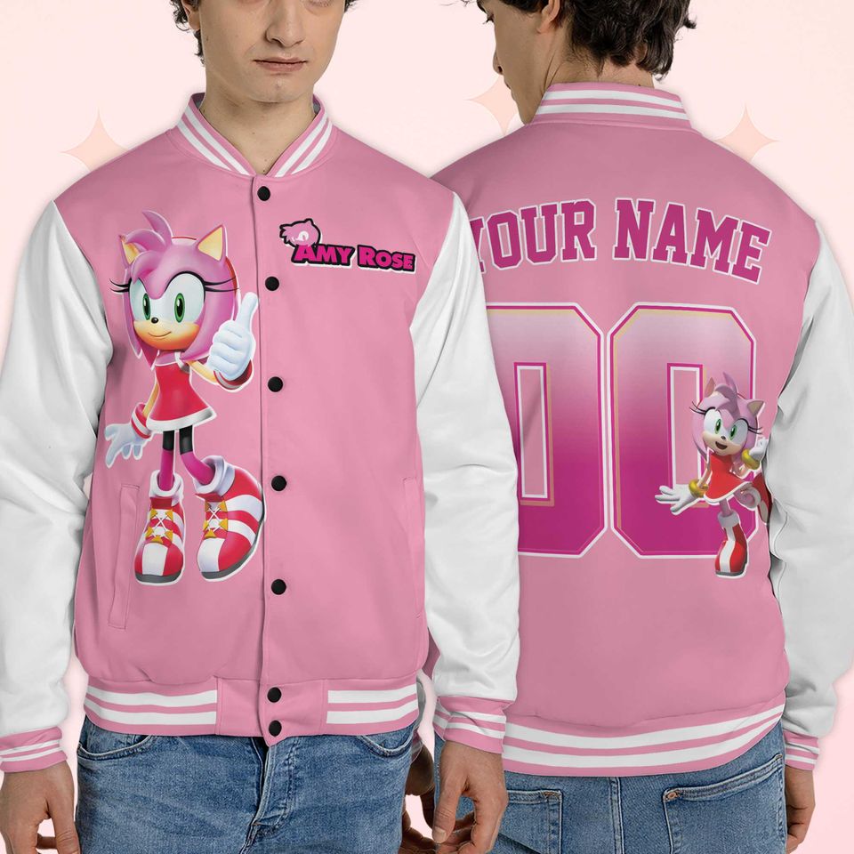 Custom Amy Rose Varsity Jacket, Personalized Sonic the Hedgehog Baseball Jacket