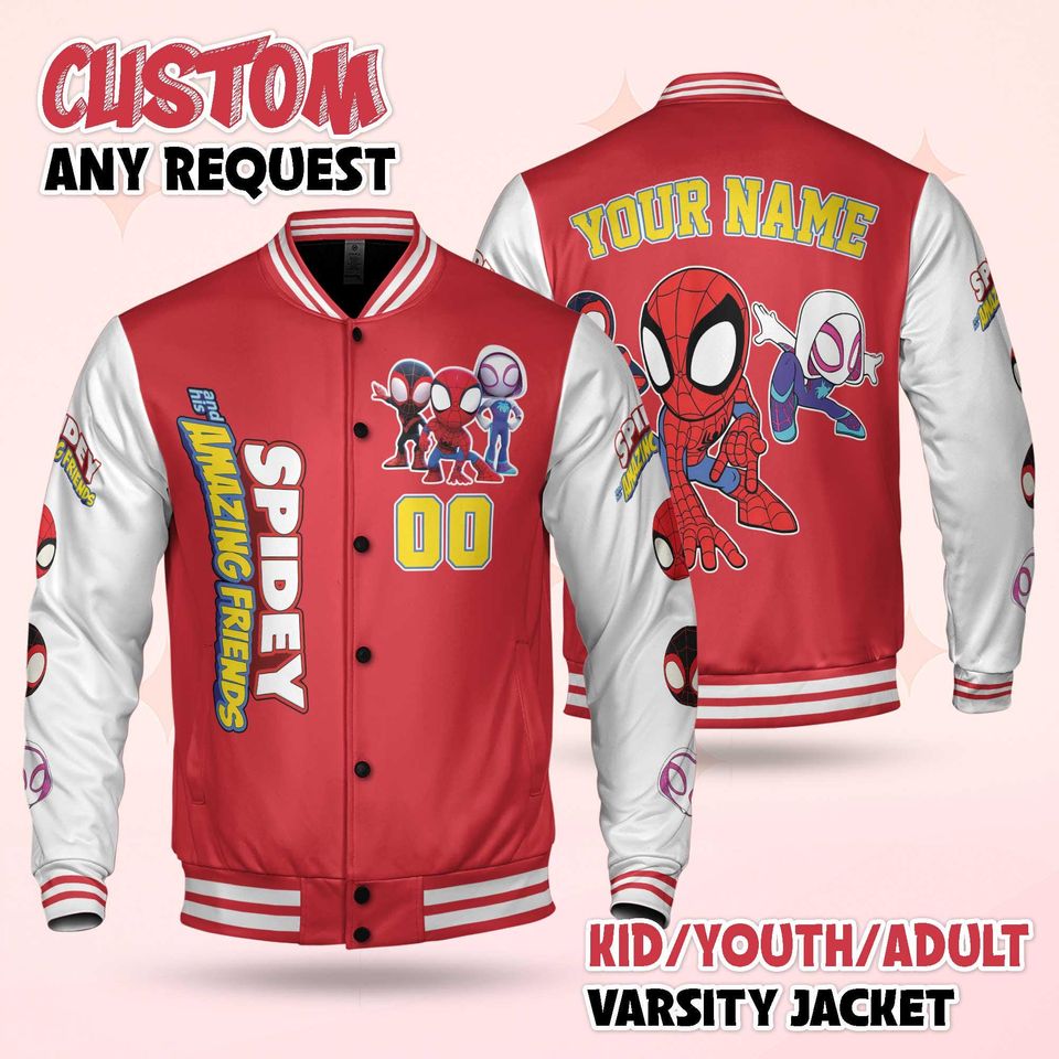 Custom Spidey And His Amazing Friends Varsity Jacket, Personalized Spidey Baseball Jacket