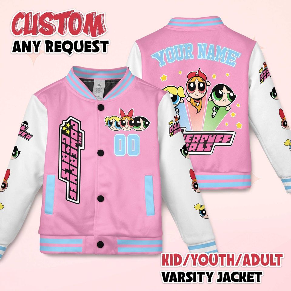 Custom The Powerpuff Girls Varsity Jacket, Personalized Cartoon Baseball Jacket