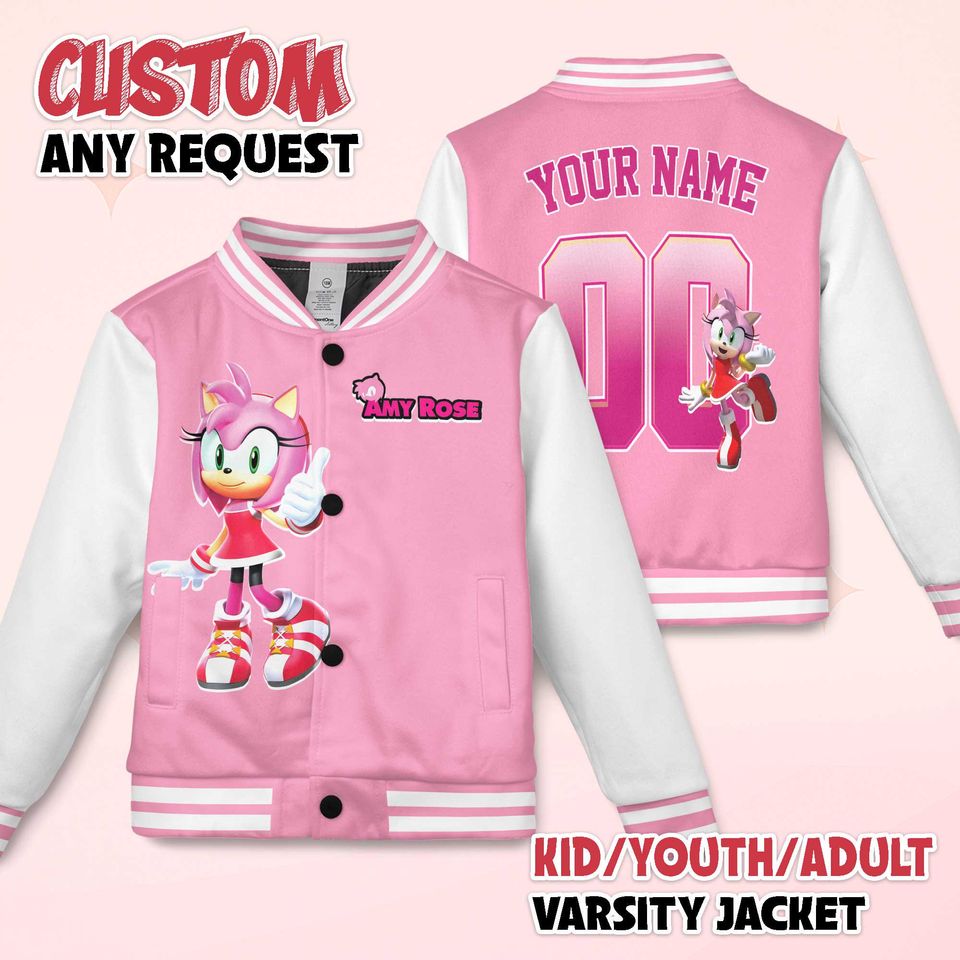 Custom Amy Rose Varsity Jacket, Personalized Sonic the Hedgehog Baseball Jacket